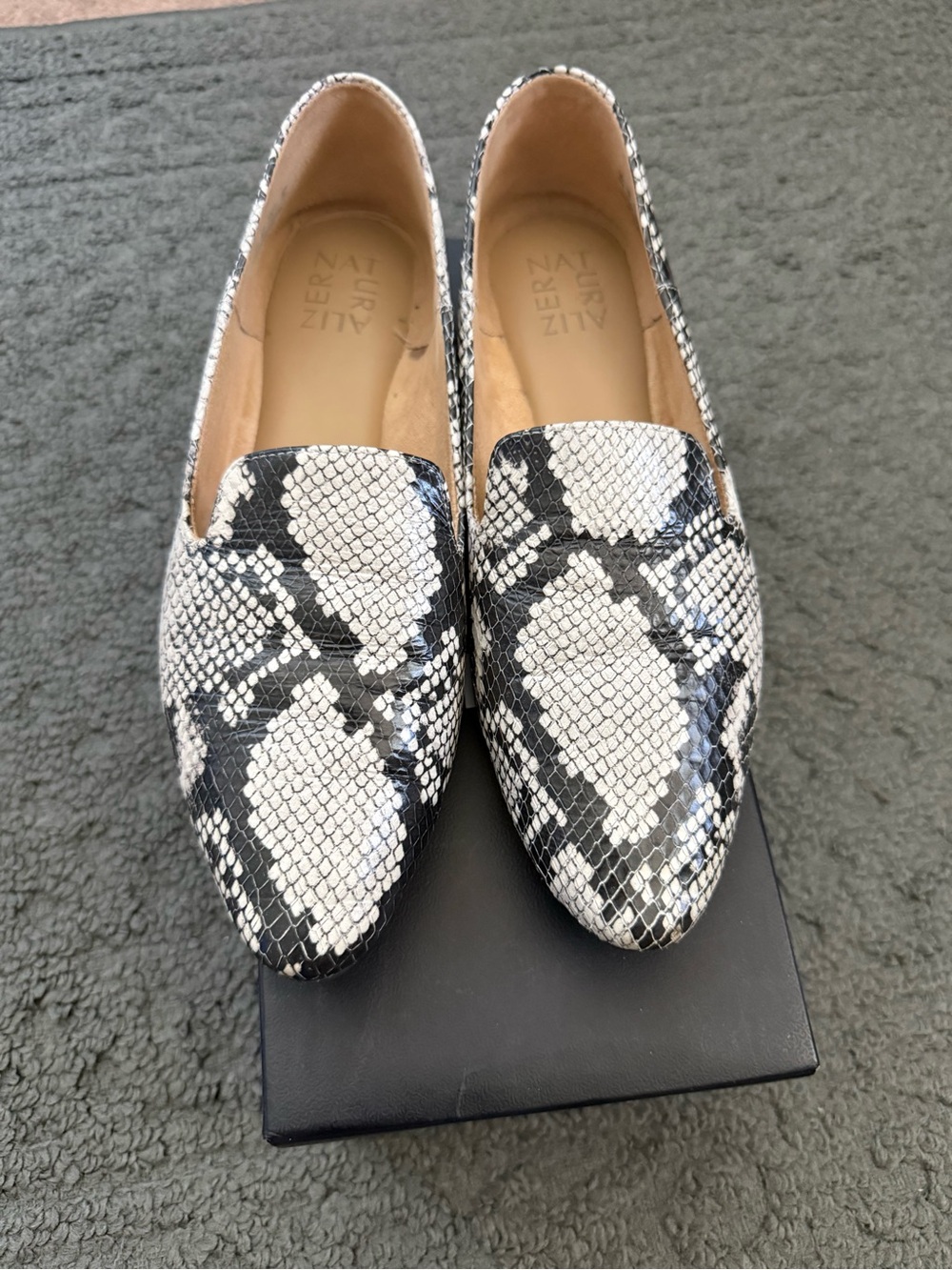 Naturalizer Black and White Snake-Print Slip-On Loafers